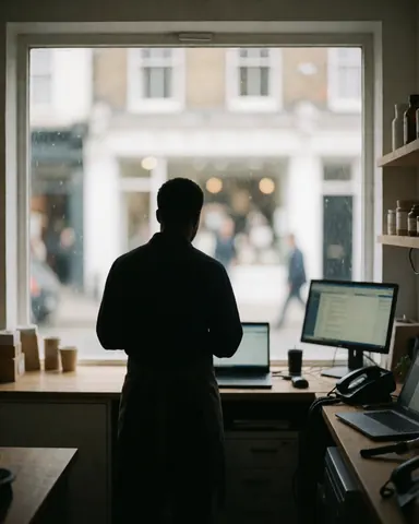 Vue arrière d'une cliente observant la rue à travers une vitre impeccable dans un bureau équipé d'un ordinateur et d'un téléphone.