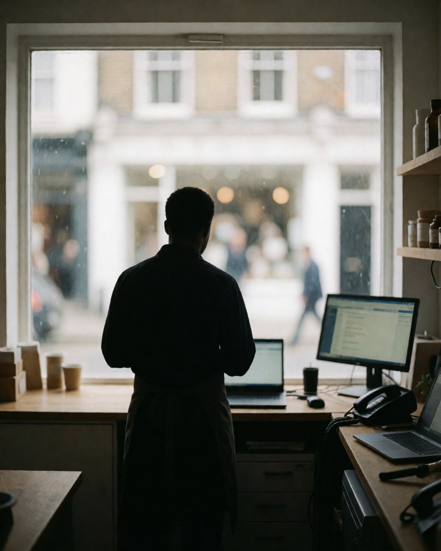 Vue arrière d'une cliente observant la rue à travers une vitre impeccable dans un bureau équipé d'un ordinateur et d'un téléphone.