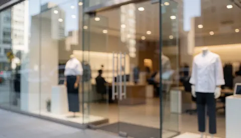 Façade de magasin avec des vitres propres, des mannequins vêtus de tenues de cuisine, des reflets de bâtiments et un éclairage intérieur chaleureux, idéal pour les services de nettoyage de vitres.