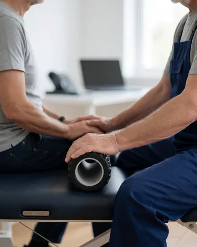 Un entraîneur de cyclisme aide un client âgé à utiliser un rouleau de mousse sur une table de massage dans un cadre thérapeutique.