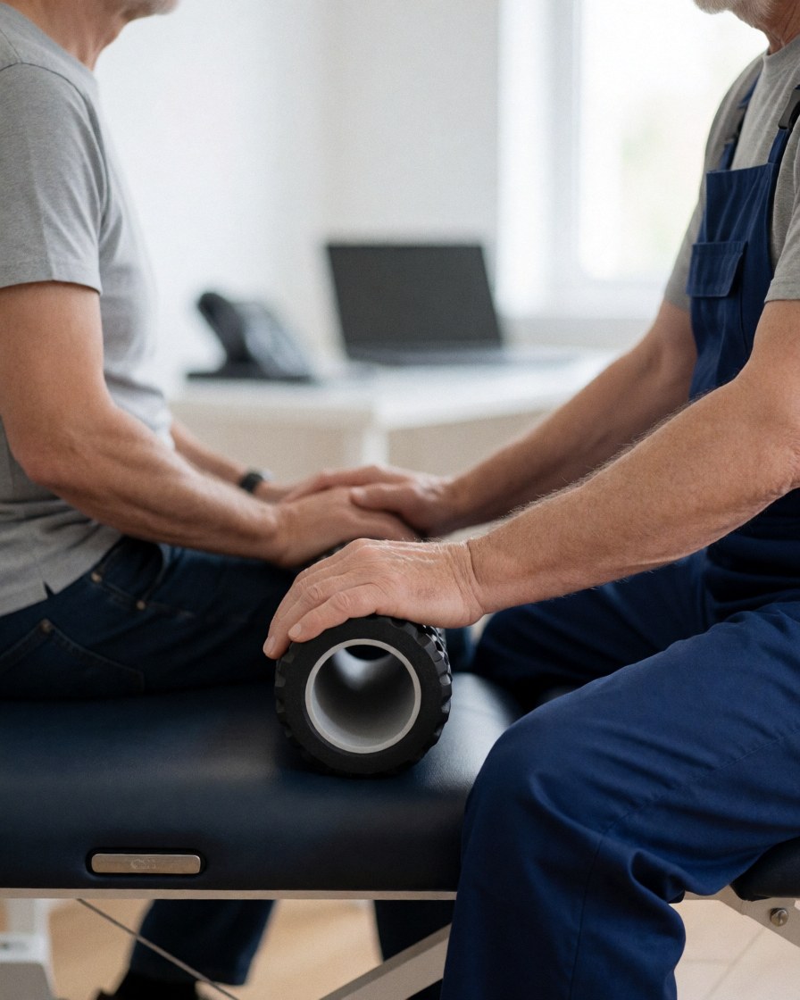 Un entraîneur de cyclisme aide un client âgé à utiliser un rouleau de mousse sur une table de massage dans un cadre thérapeutique.