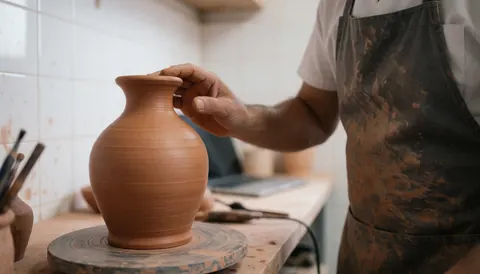 Main d'un artiste de céramique façonnant un vase en argile sur un tour, portant un tablier taché de terre dans un atelier aux murs carrelés de blanc.