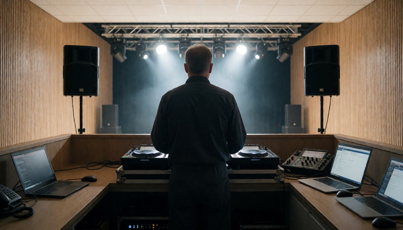 DJ professionnel de fêtes derrière son pupitre avec éclairage de scène et haut-parleurs, idéal pour une page d'accueil de site web.