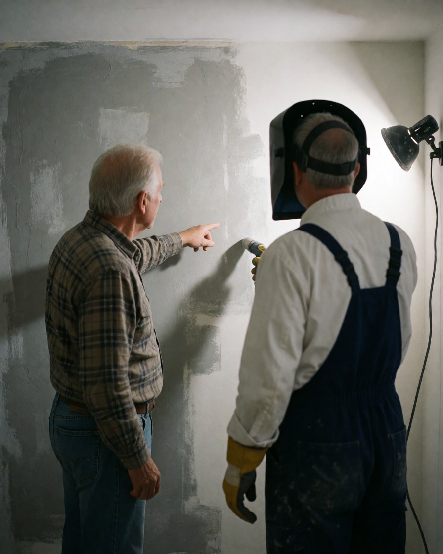 Un client pointe une zone du mur fraîchement étanchéifiée tandis qu'un ouvrier applique le produit avec un pistolet sous l'éclairage d'une lampe de chantier.
