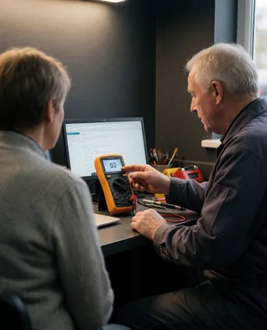 Un technicien en réparation d'appareils électroménagers présente la lecture d'un multimètre à un client dans un atelier aux murs gris et à la lumière chaude.