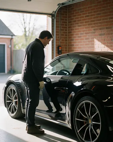 Un homme observe son véhicule sportif noir dans un garage avec un mur en briques et une lumière naturelle.