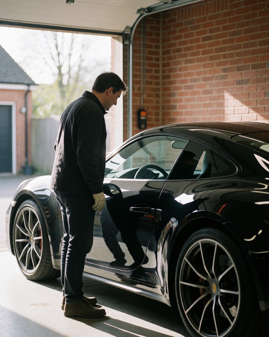 Un homme observe son véhicule sportif noir dans un garage avec un mur en briques et une lumière naturelle.