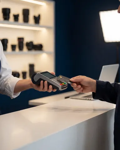 Client payant avec une carte dans une boutique de photographie, montrant un terminal, des lentilles et un mur bleu foncé.