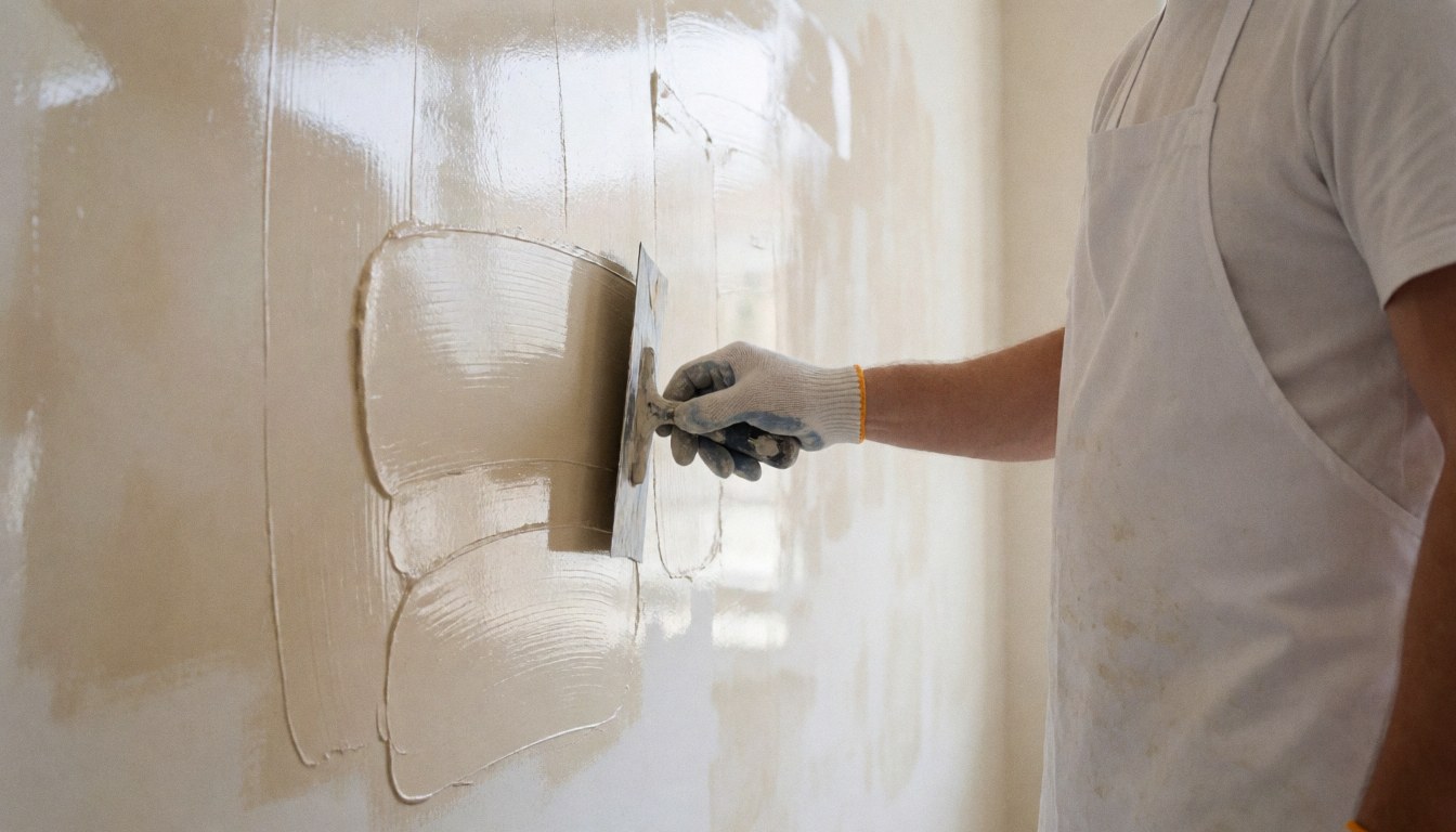 Un peintre professionnel applique un enduit vénitian brillant sur un mur blanc à l'aide d'une truelle, portant des gants et un tablier blancs.