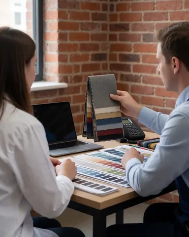Un consultant et un client examinent des échantillons de tissu et des nuanciers de couleur sur une table devant un mur de briques lors d'une consultation textile.