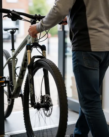 Un client pousse son vélo de montagne vers l'entrée d'un magasin de réparation, avec la roue avant en premier plan et un intérieur lumineux en arrière-plan flou.