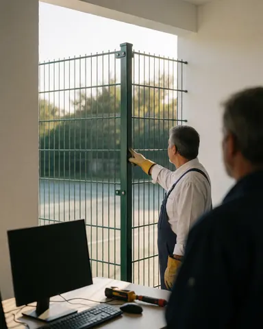 Un ouvrier portant des gants ajuste un poteau de clôture verte sur un terrain de tennis tandis qu'un client observe depuis l'intérieur du court avec une lumière chaude de coucher de soleil.