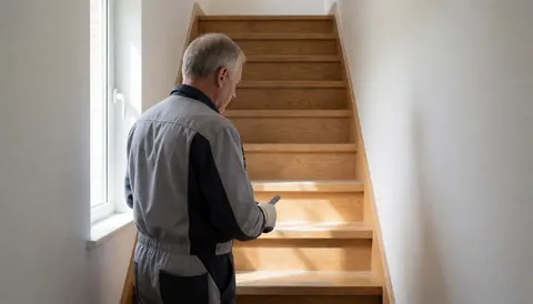 Un technicien en uniforme professionnel examine une structure d'escalier en bois dans un intérieur aux murs blancs éclairé par la lumière naturelle.