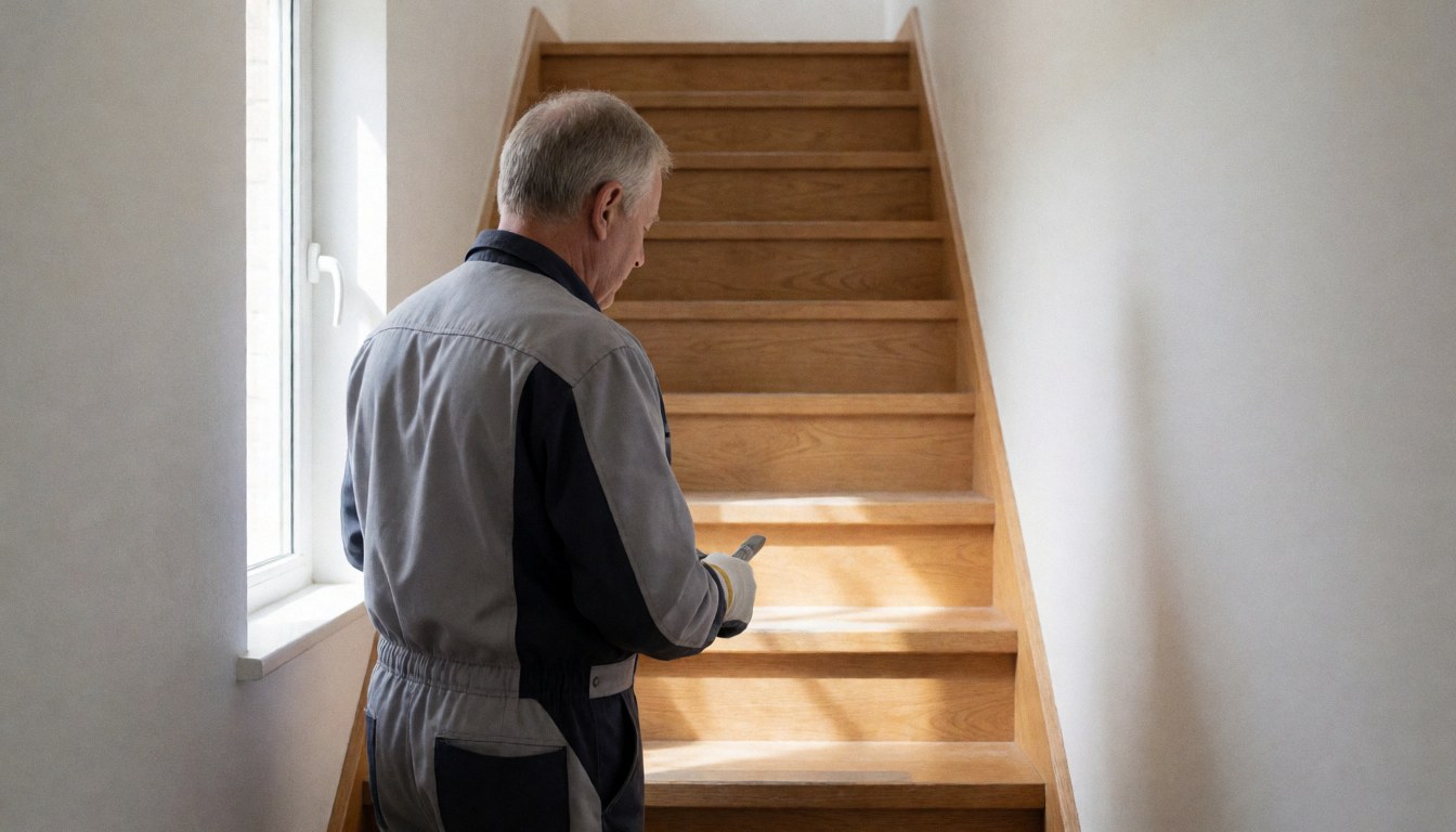 Un technicien en uniforme professionnel examine une structure d'escalier en bois dans un intérieur aux murs blancs éclairé par la lumière naturelle.