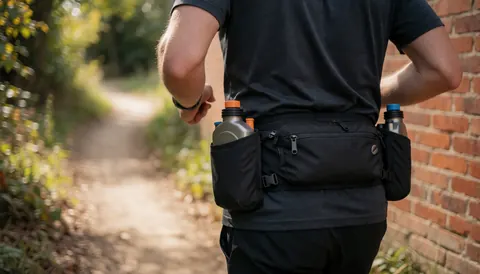 Un coureur équipé d'une ceinture d'hydratation noire avance sur un sentier de terre, avec un mur de briques rouges visible sur le côté.