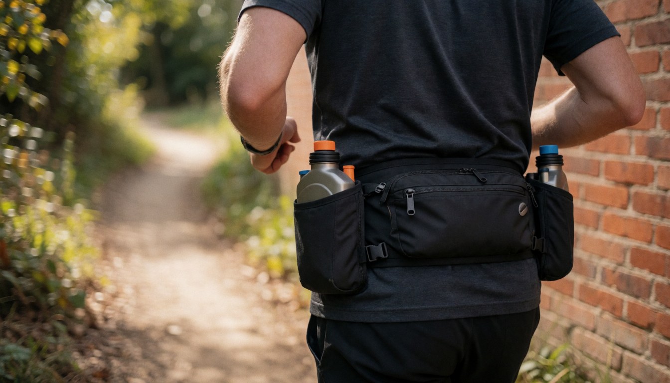 Un coureur équipé d'une ceinture d'hydratation noire avance sur un sentier de terre, avec un mur de briques rouges visible sur le côté.