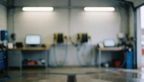 Arrière-plan flou d'une zone de lavage automobile avec lumières industrielles, tuyaux et reflets sur le sol humide, idéal pour ajouter du texte.