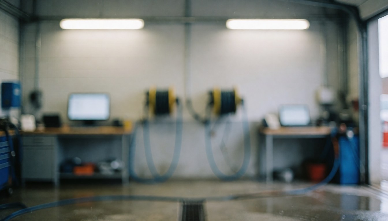 Arrière-plan flou d'une zone de lavage automobile avec lumières industrielles, tuyaux et reflets sur le sol humide, idéal pour ajouter du texte.