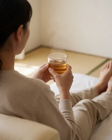 Une personne détendue sur un tatami boit du thé chaud, la vapeur s'élève, dans une pièce lumineuse aux murs blancs, évoquant calme et bien-être.