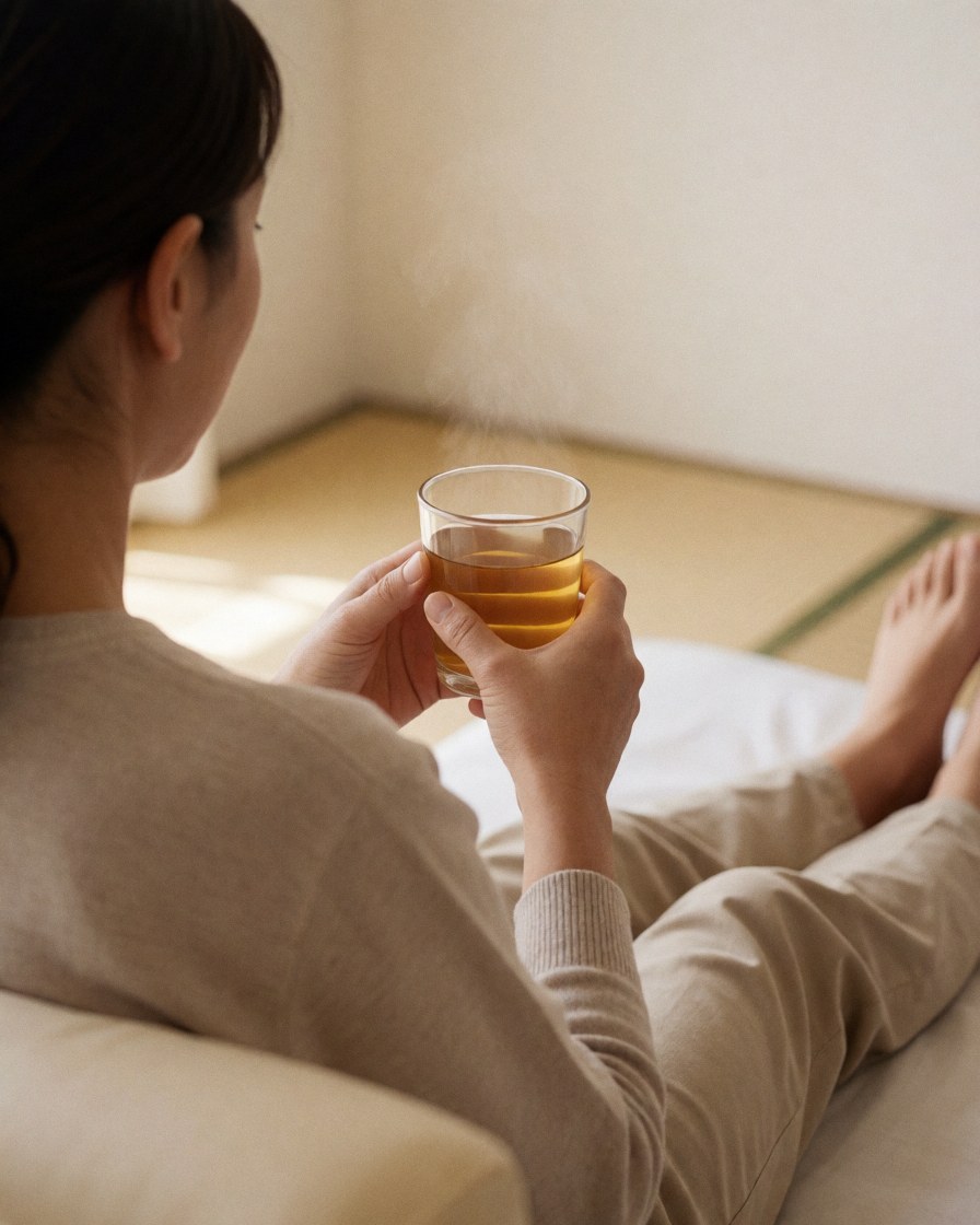 Une personne détendue sur un tatami boit du thé chaud, la vapeur s'élève, dans une pièce lumineuse aux murs blancs, évoquant calme et bien-être.