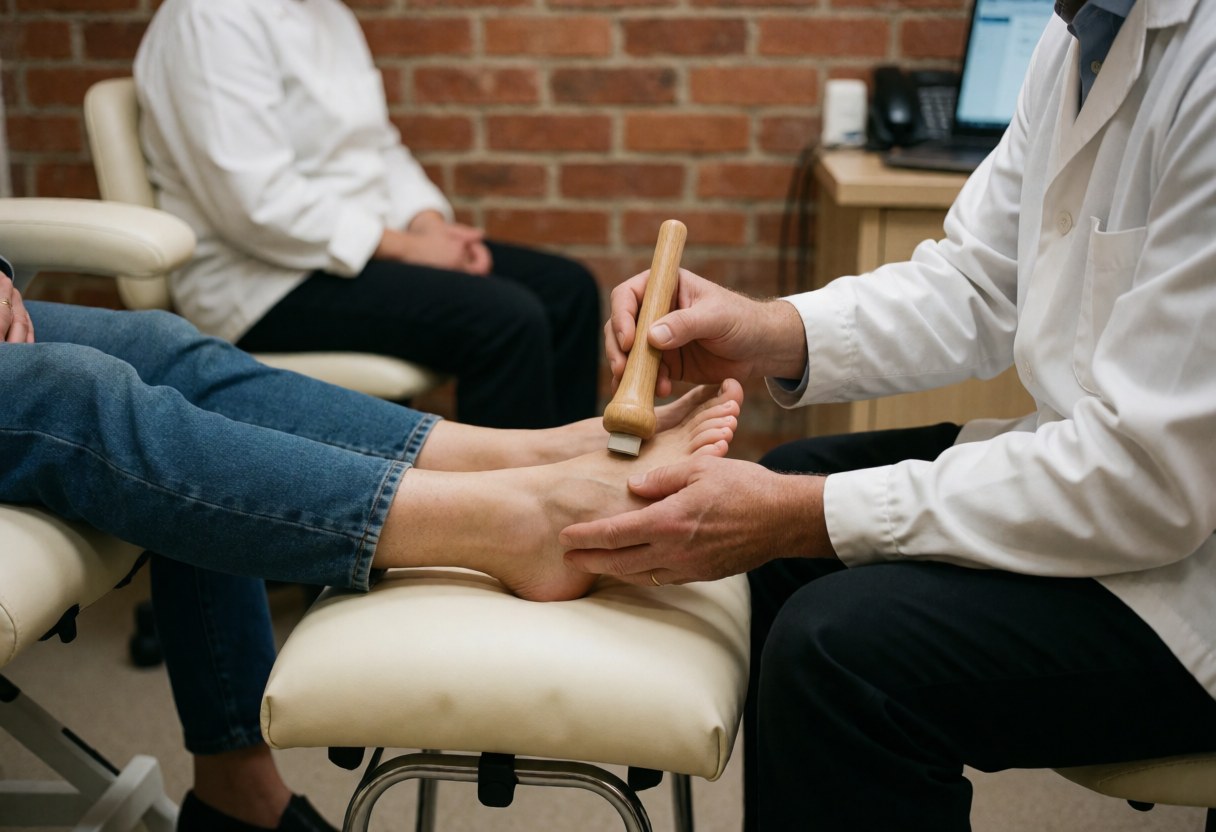 Un praticien utilise un instrument de réflexologie sur le pied d'un client posé sur un support, devant un mur en briques, sans visage visible.