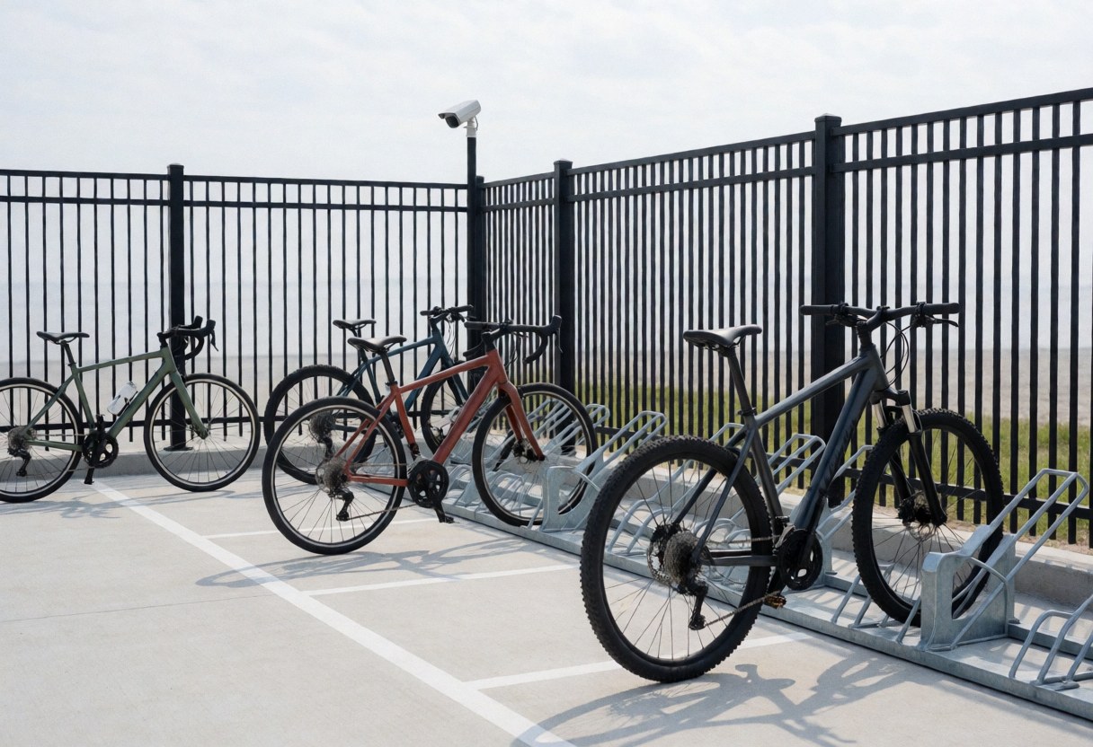 Support métallique pour vélos avec caméra de surveillance et sol en béton marqué, idéal pour les professionnels du cyclisme.
