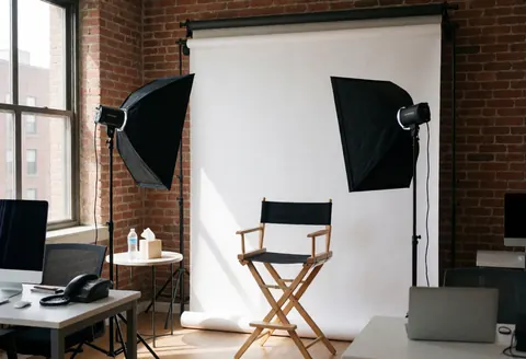 Studio photo avec chaise de réalisateur, fond blanc, softbox et mur en briques, idéal pour portraits professionnels.