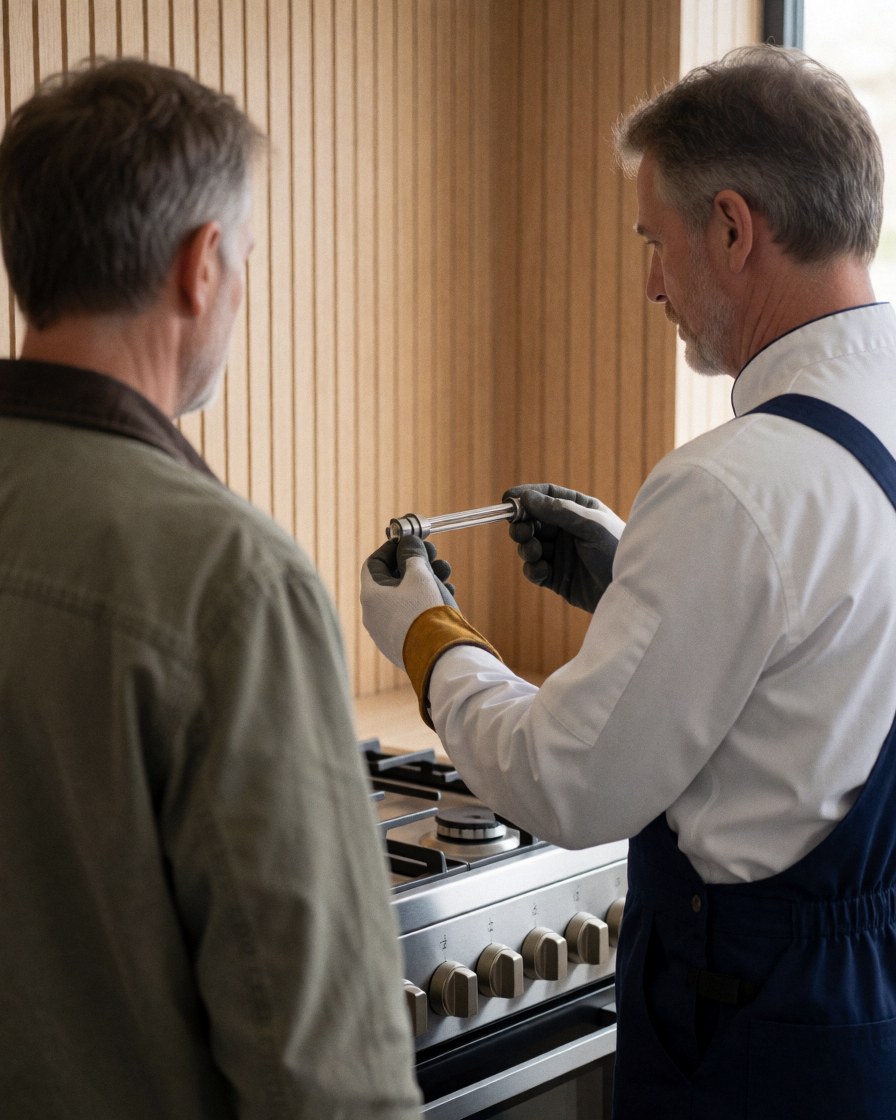 Un technicien en gants présente un nouvel allumeur à un client devant une cuisinière dans un atelier aux murs en bois.