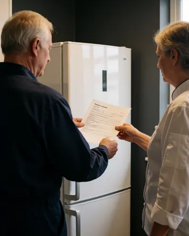 Un technicien en réparation remet un document à un client satisfait devant un réfrigérateur blanc dans une cuisine moderne aux murs gris et à l'éclairage chaleureux.