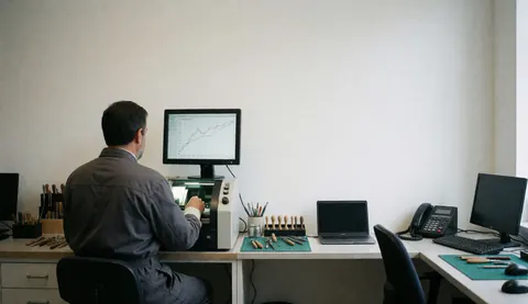 Technicien vérifiant les données sur une machine de précision, outils de horlogerie sur un bureau, environnement propre et moderne pour la réparation de montres.