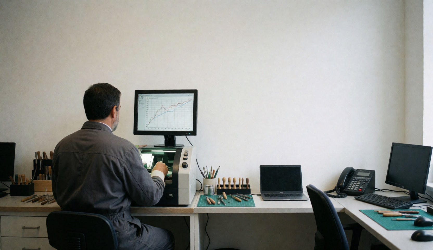 Technicien vérifiant les données sur une machine de précision, outils de horlogerie sur un bureau, environnement propre et moderne pour la réparation de montres.