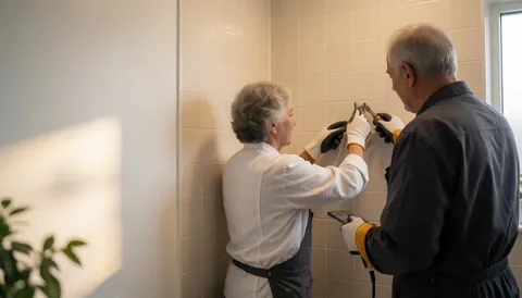 Deux professionnels installent des carreaux beiges sur un mur de salle de bain, avec des outils et une lumière chaude, idéal pour un service d'installation.