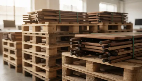 Palettes en bois contenant des tables pliantes emballées dans un entrepôt industriel avec un éclairage doux servant de fond pour du texte.