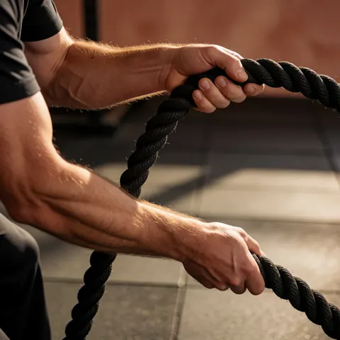 Bras forts et sudorifiques saisissant une corde de combat noire dans un gymnastique avec sol en caoutchouc et murs en plâtre terracotta.