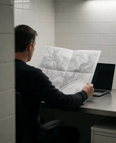 Un client consulte une carte aérienne dans un bureau aux murs carrelés blancs, assis devant un ordinateur portable.