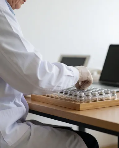 Un professionnel en blouse blanche et gants organise des flacons d'homéopathie sur un plateau en bois posé sur une table, avec un fond blanc et une lumière naturelle.