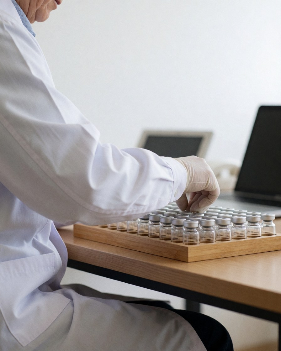 Un professionnel en blouse blanche et gants organise des flacons d'homéopathie sur un plateau en bois posé sur une table, avec un fond blanc et une lumière naturelle.