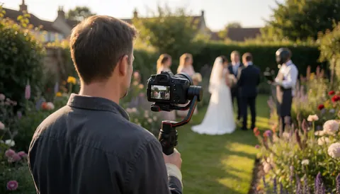 Vidéaste professionnel filmant un mariage dans un jardin fleuri sous une lumière dorée, idéal pour les photographes de mariage.
