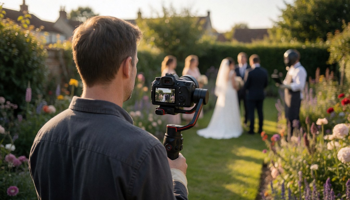 Vidéaste professionnel filmant un mariage dans un jardin fleuri sous une lumière dorée, idéal pour les photographes de mariage.