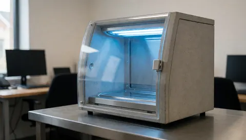 Caméra de stérilisation ultraviolette posée sur une table en acier inoxydable dans un atelier propre, adaptée à la réparation de consoles.