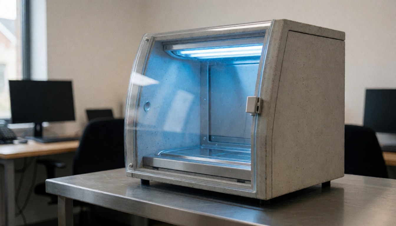 Caméra de stérilisation ultraviolette posée sur une table en acier inoxydable dans un atelier propre, adaptée à la réparation de consoles.