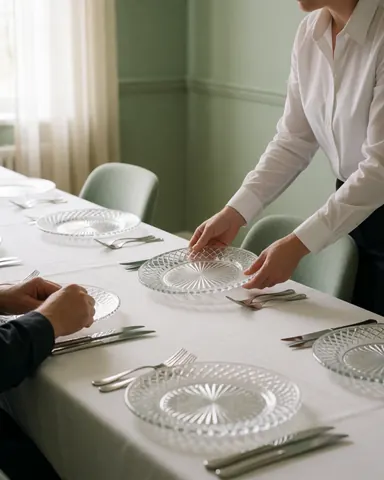 Une femme place une assiette en verre sur une longue table couverte d'une nappe blanche, préparant le service pour un événement dans une salle aux murs verts.
