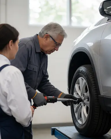 Mécanicien ajuste une roue avec une clé à choc dans un atelier propre et professionnel pendant qu'un client observe la prestation de service.