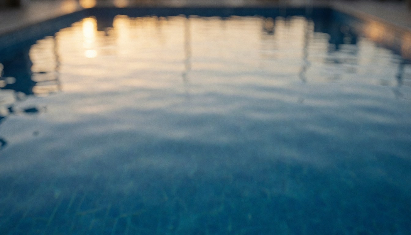 Piscine aux eaux bleues avec des reflets dorés du coucher du soleil, offrant un fond doux et apaisant pour des textes commerciaux.