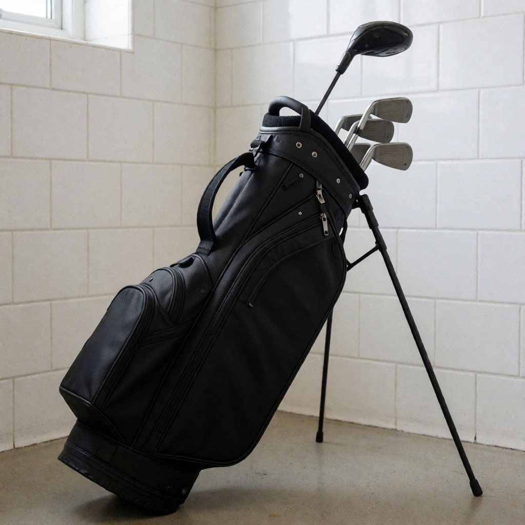 Sac de golf noir contenant des clubs visibles posé dans un coin aux carreaux blancs, idéal pour un instructeur de golf.