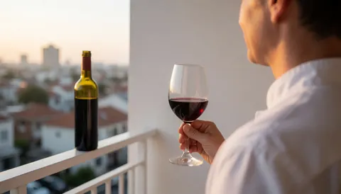 Vue d'une personne savourant un verre de vin rouge sur un balcon avec une vue urbaine au coucher du soleil, ambiance détendue.