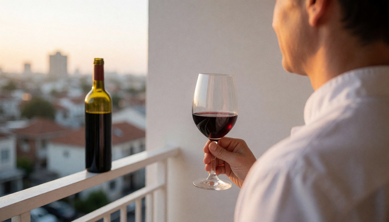 Vue d'une personne savourant un verre de vin rouge sur un balcon avec une vue urbaine au coucher du soleil, ambiance détendue.