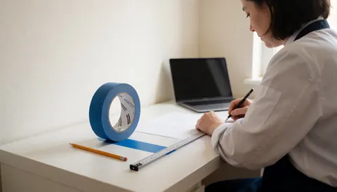 Un professionnel en blanc écrit sur une table avec un ruban bleu, une règle et un crayon, préparant un design pour le microblading.