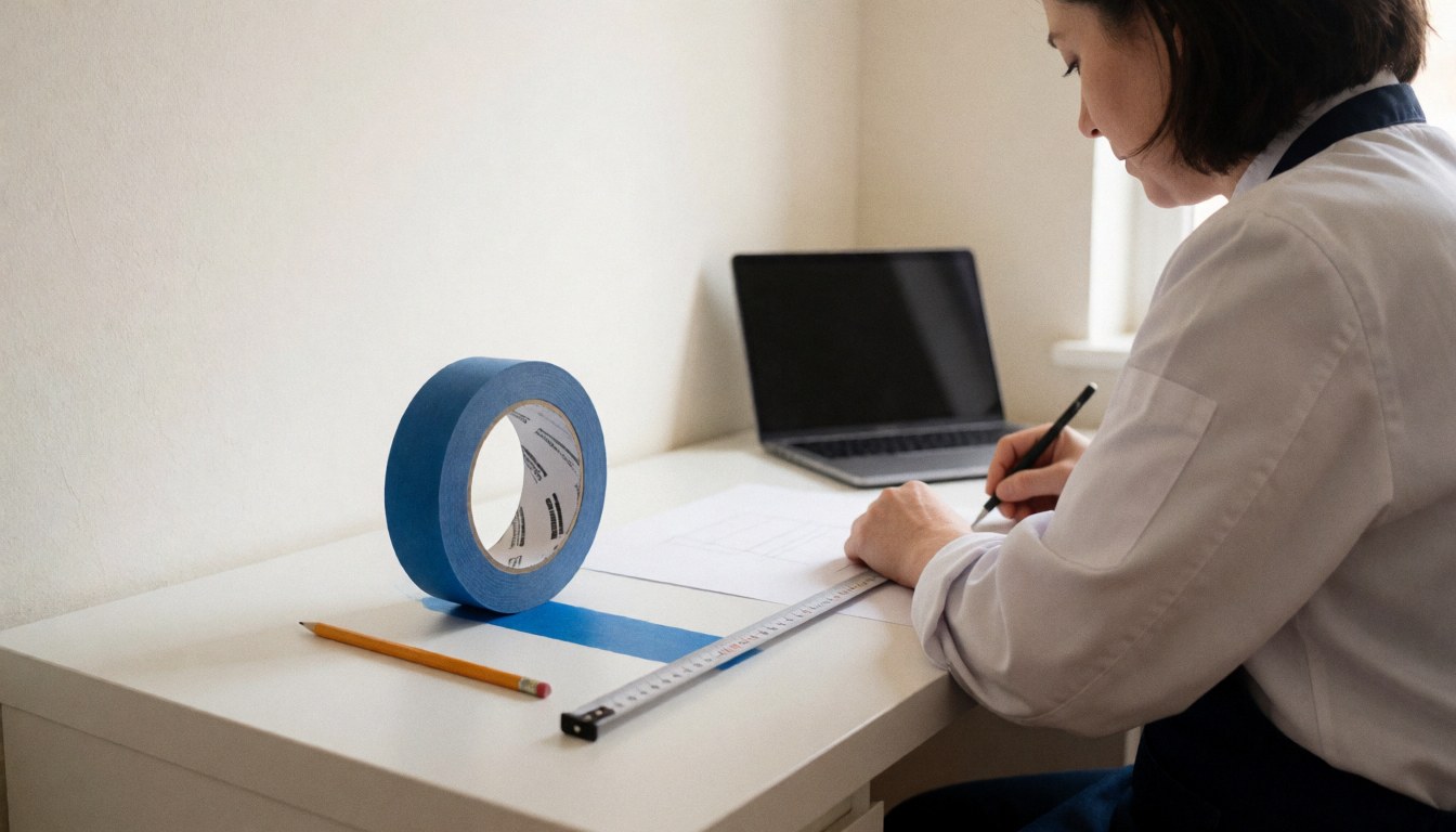 Un professionnel en blanc écrit sur une table avec un ruban bleu, une règle et un crayon, préparant un design pour le microblading.