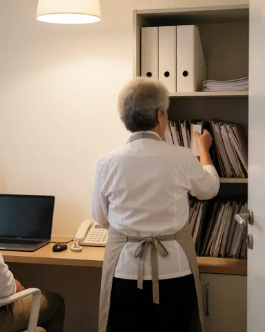 Un professionnel portant un tablier range des dossiers sur une étagère dans un bureau de massage, avec un client assis en arrière-plan sous une lumière chaleureuse.